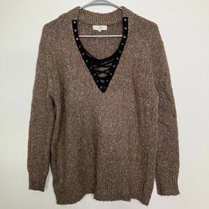 Entro Anthro M Brown Sweater Black Lace Up‎ V-neck Cozycore Whimsigoth Academia